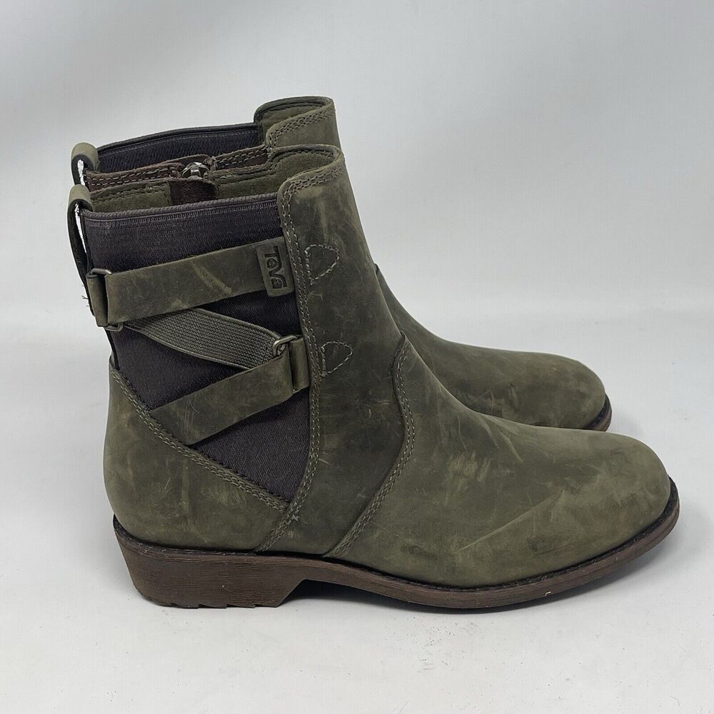 Teva Ellery Ankle Boots Womens 5 Olive Green Leather Waterproof Side Zip